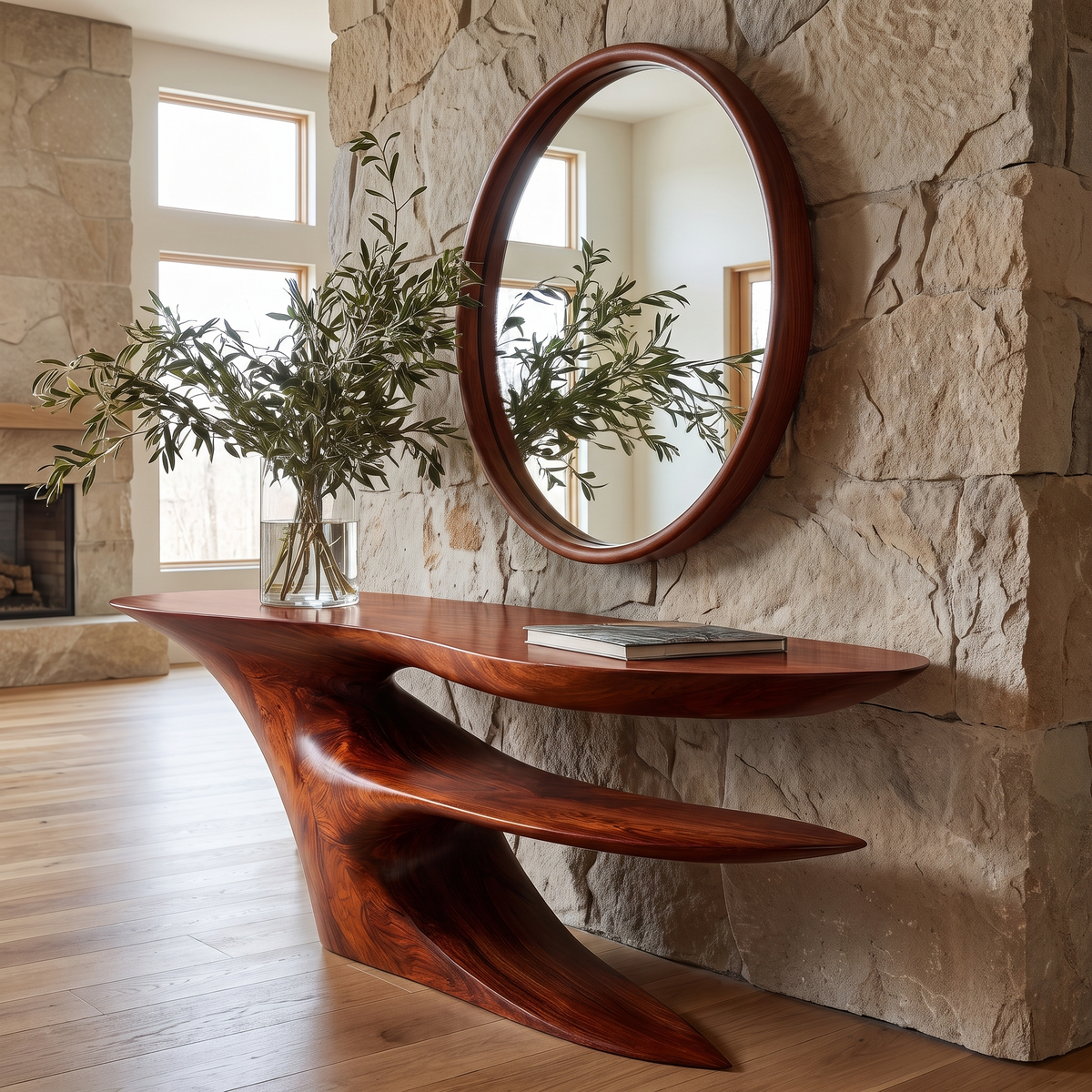 Cantilever Sculpted Solid Wood Console Table with Lower Shelf - Image 4