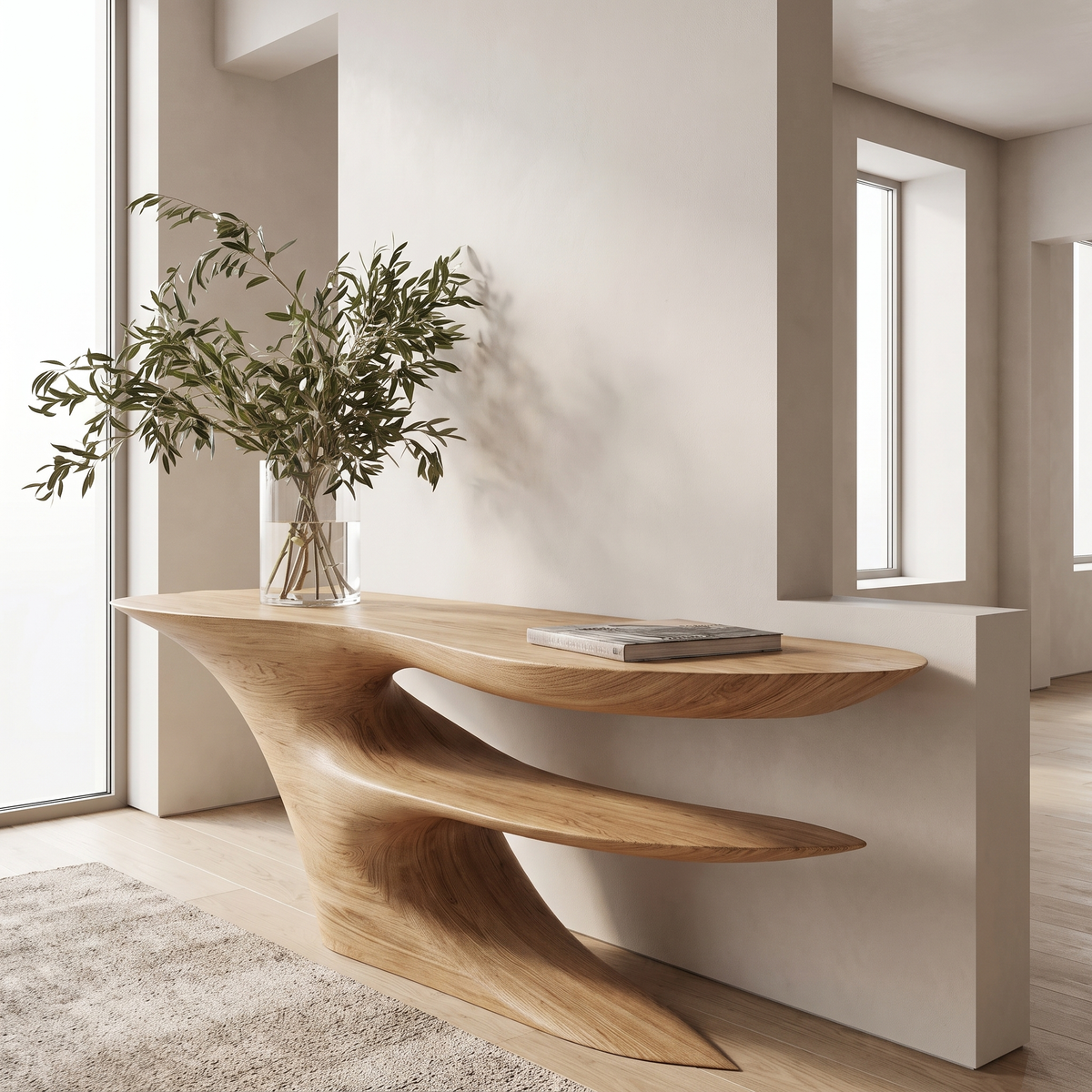 Cantilever Sculpted Solid Wood Console Table with Lower Shelf - Image 2