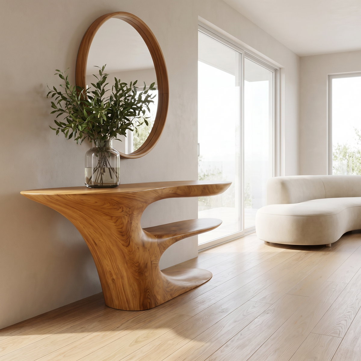 Cantilever Sculpted Solid Wood Console Table with Lower Shelf - Image 3
