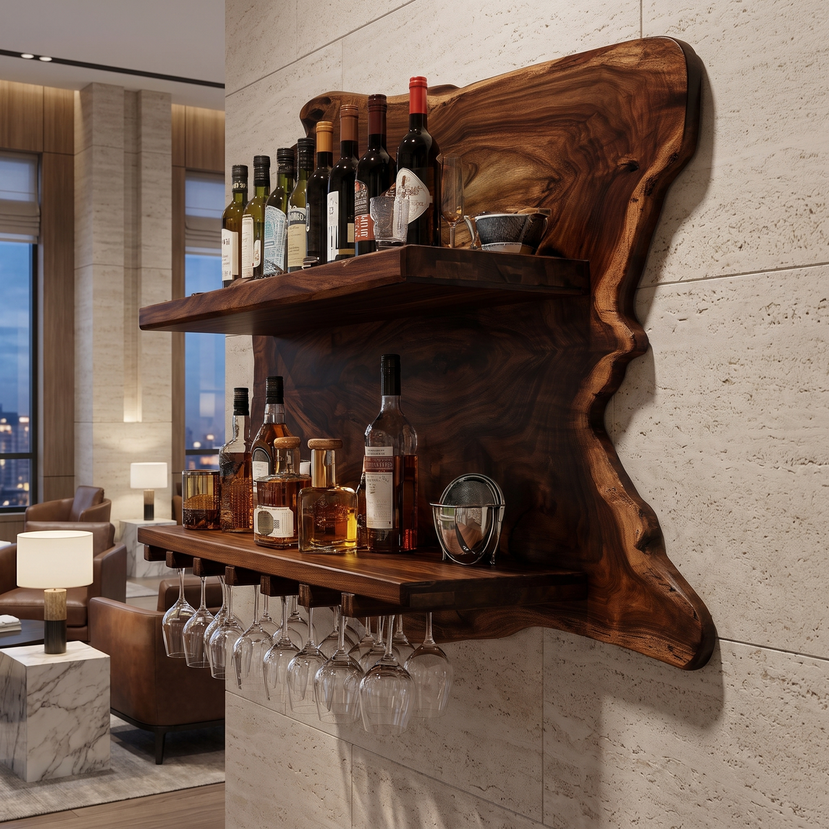 Live Edge Wood Wall Wine Shelf with Integrated Stemware Rack - Image 6