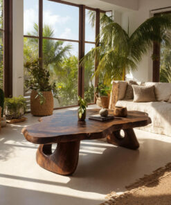 Sculpted Live Edge Coffee Table Carved from a Single Wood Slab