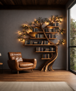 Rustic Tree Branch Bookshelf with Floral Pattern, 60 x 80 in