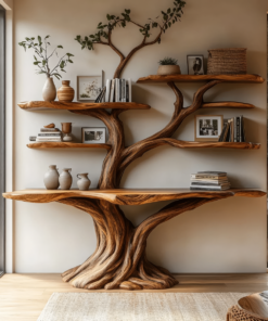 Symmetrical Tree Solid Wood Console Table with Upper Shelves