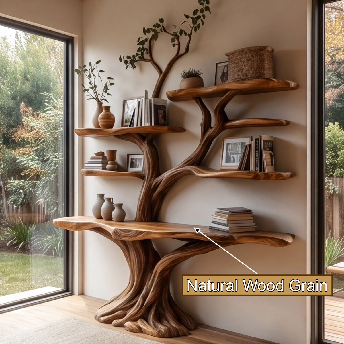 Symmetrical Tree Solid Wood Console Table with Upper Shelves - Image 4