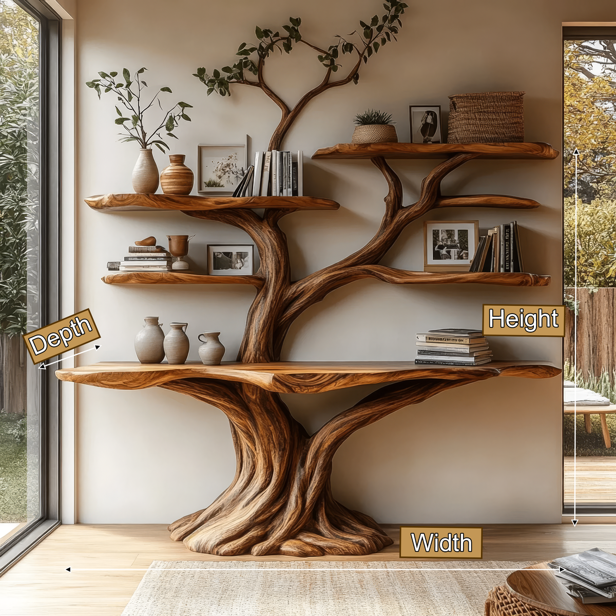 Symmetrical Tree Solid Wood Console Table with Upper Shelves - Image 2