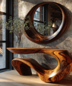 Sculpted Solid Wood Console Table with Wave Asymmetrical Base
