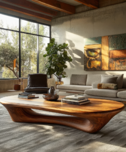 Sculpted Solid Wood Loop Base Coffee Table with Rounded Top