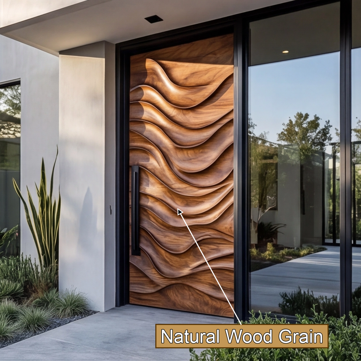 Wave-Carved Solid Wood Rectangular Single Entry Door - Image 2