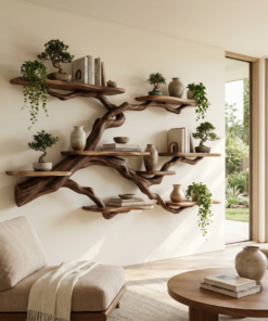 Solid Hardwood Floating Tree Bookshelf with Wide Branching Shelves