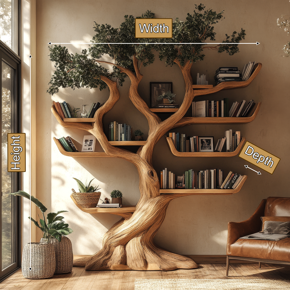 Solid Hardwood Tree Bookshelf with Carved Canopy and Root Base - Image 8