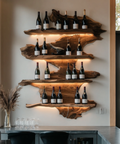 Live Edge Floating Wine Rack with Stacked Solid Slab Tiers