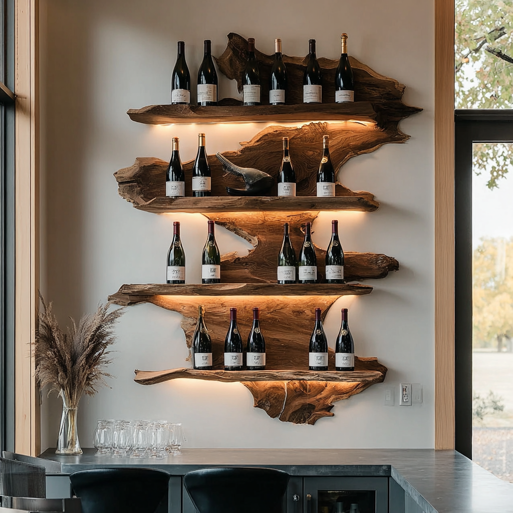 Live Edge Floating Wine Rack with Stacked Solid Slab Tiers