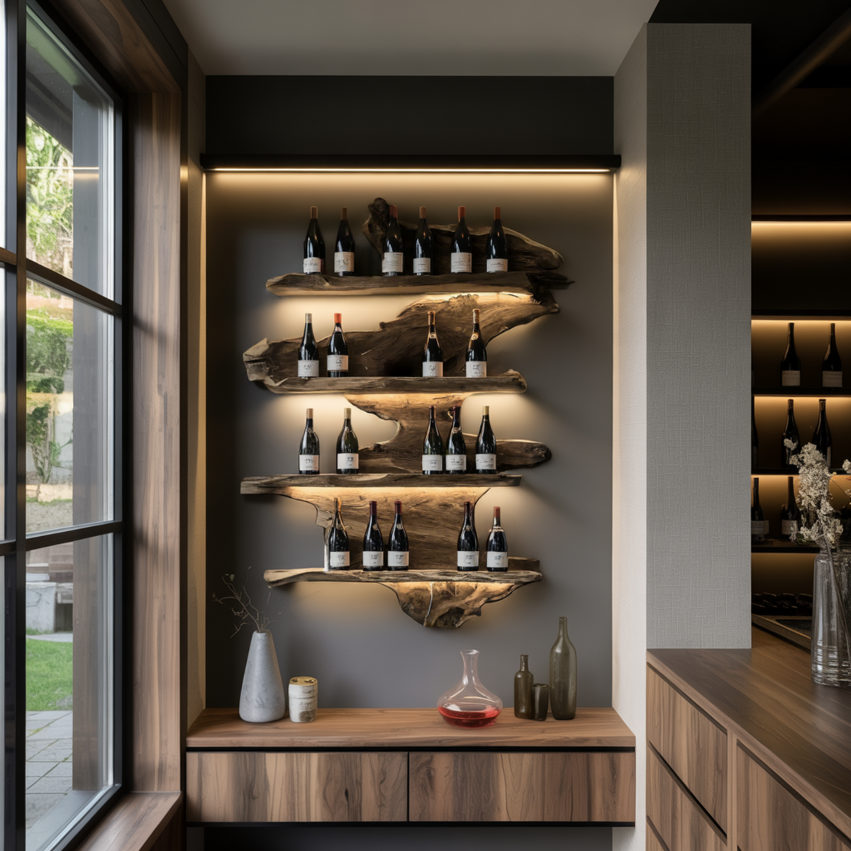 Live Edge Floating Wine Rack with Stacked Solid Slab Tiers - Image 5