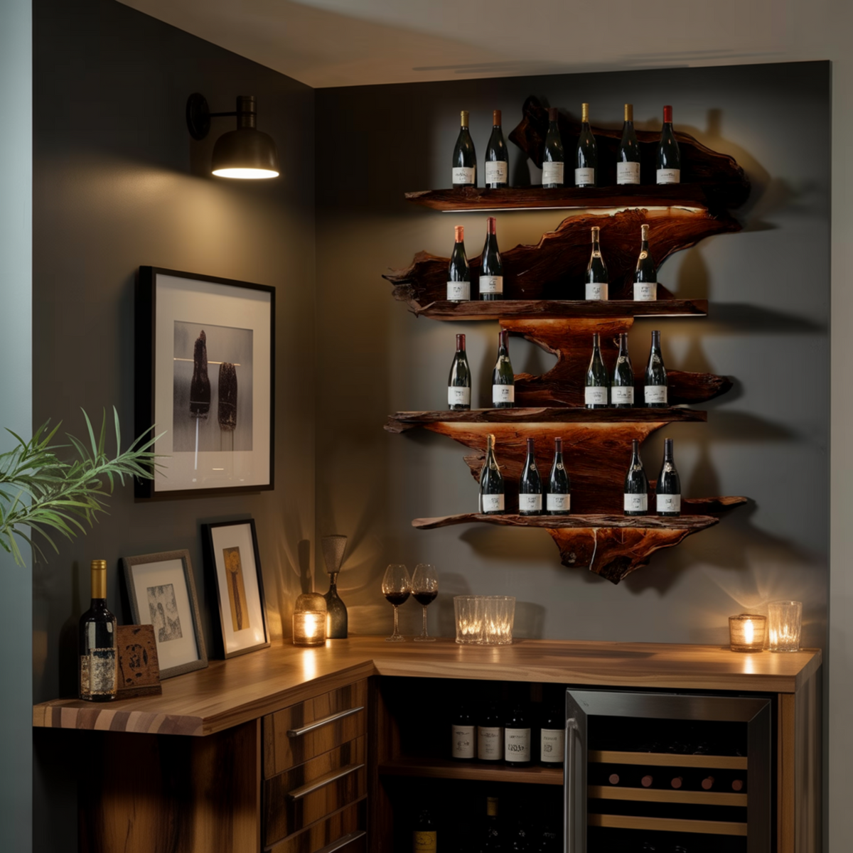 Live Edge Floating Wine Rack with Stacked Solid Slab Tiers - Image 2