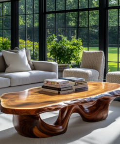 Live Edge Solid Wood Coffee Table with Flowing Pedestal Base