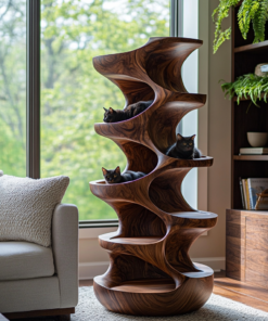 Sculpted Solid Wood Cat Tree with Hollowed Perching Platforms