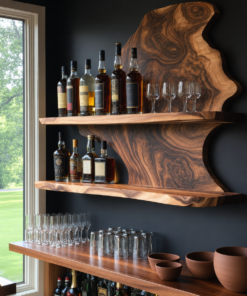Live Edge Slab Floating Wine Shelf with Two Oversized Ledges