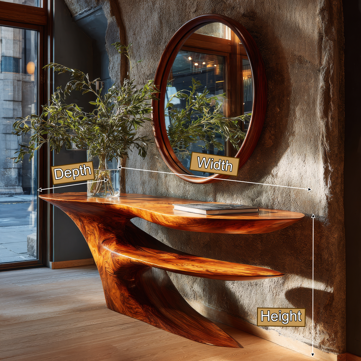 Cantilever Sculpted Solid Wood Console Table with Lower Shelf - Image 8