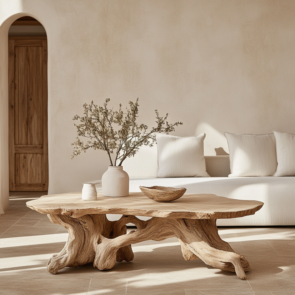 Live Edge Solid Wood Coffee Table with Root-Inspired Base