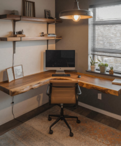 Floating Live Edge Solid Wood Corner Desk for Home Office
