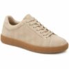 Single women's beige suede-look low-top sneaker with gum sole on a white background