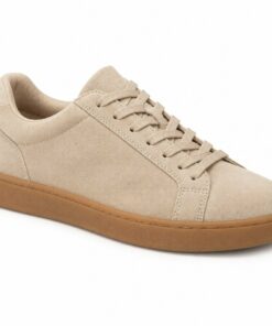Single women's beige suede-look low-top sneaker with gum sole on a white background