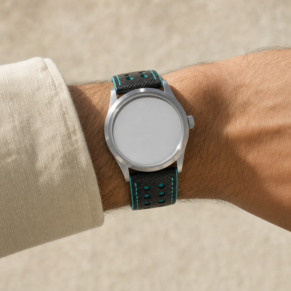 Racing Epsom Leather Watch Strap in Black & Turquoise · Rally · Handmade in Saigon - Image 2