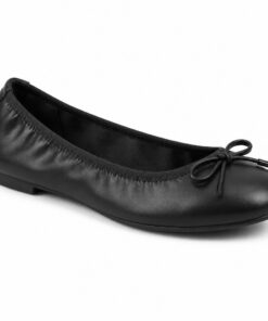 Single women's black vegan leather ballet flat with front bow on a white background