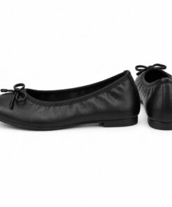 Pair of women's black vegan leather ballet flats with front bow standing, side profile and back heel view