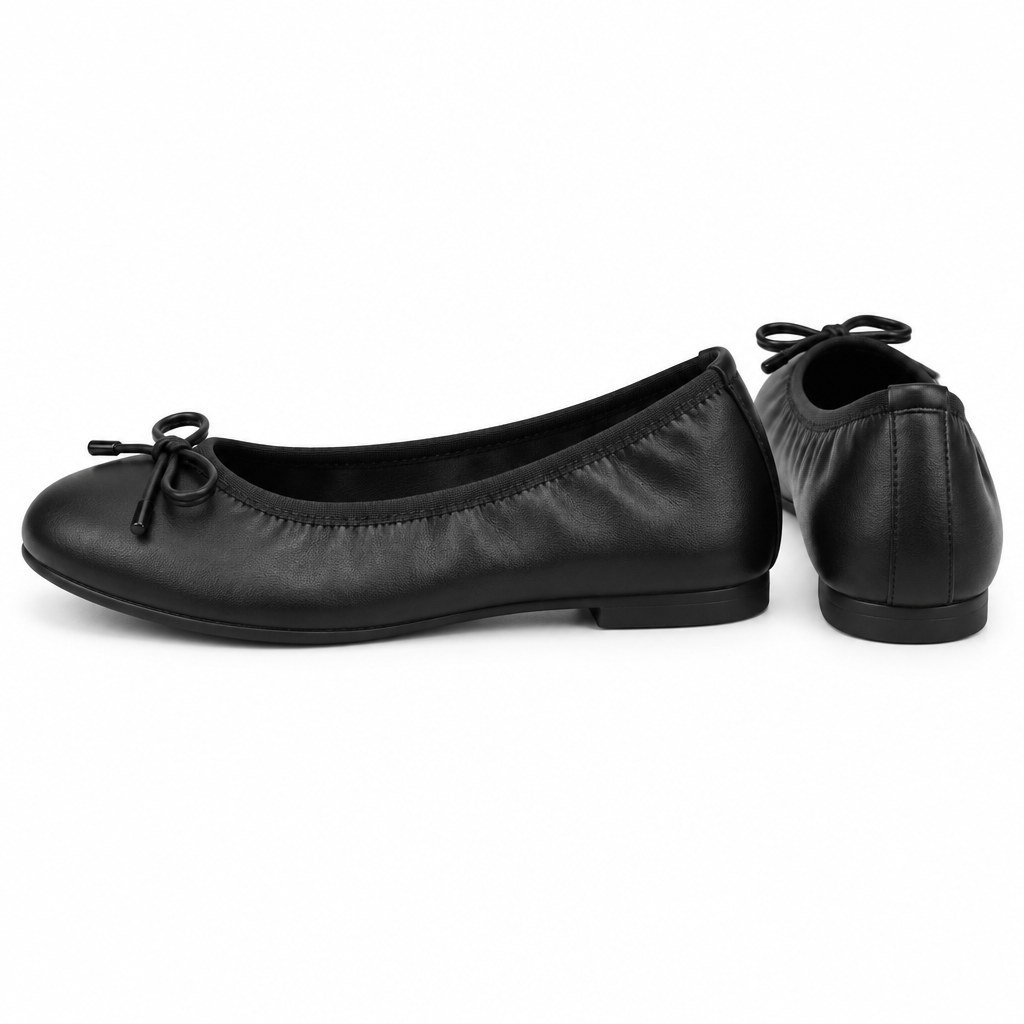 Pair of women's black vegan leather ballet flats with front bow standing, side profile and back heel view