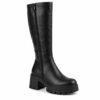 Single women's black vegan leather knee-high platform boot with lug sole on a white background