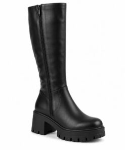 Single women's black vegan leather knee-high platform boot with lug sole on a white background