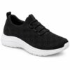 Single women's black knit slip-on sneaker with elastic laces on a white background
