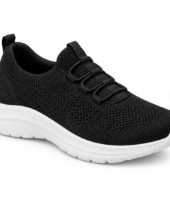 Single women's black knit slip-on sneaker with elastic laces on a white background