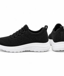 Pair of women's black knit slip-on sneakers with elastic laces standing, side profile and back heel view