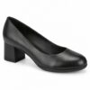Single women's black vegan leather round toe pump with low 2 inch block heel on a white background