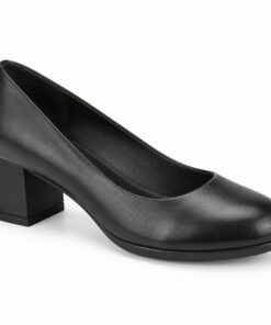 Single women's black vegan leather round toe pump with low 2 inch block heel on a white background
