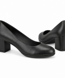Pair of women's black vegan leather round toe pumps with low 2 inch block heel standing, side profile and back heel view