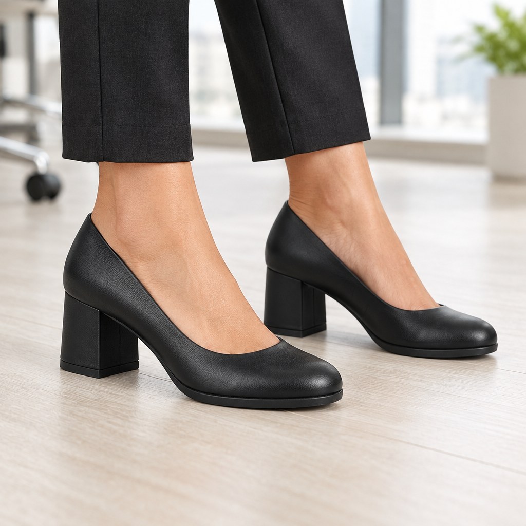 Woman wearing black vegan leather round toe pumps with low 2 inch block heel in a bright modern office, cropped from the knees down