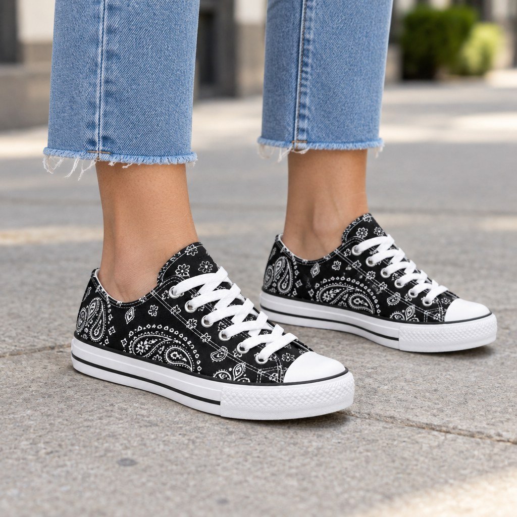 Woman wearing black paisley low-top canvas sneakers on a city sidewalk, cropped from the knees down