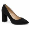 Single women's black suede-look pointed toe pump with 3 inch block heel on a white background