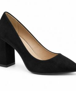 Single women's black suede-look pointed toe pump with 3 inch block heel on a white background