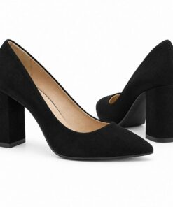Pair of women's black suede-look pointed toe pumps with 3 inch block heel standing, side profile and back heel view