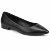 Single women's black vegan leather pointed toe flat with low stacked heel on a white background