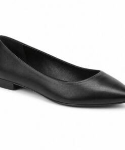 Single women's black vegan leather pointed toe flat with low stacked heel on a white background