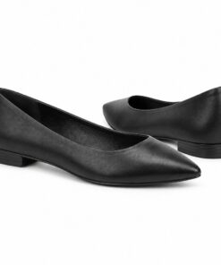 Pair of women's black vegan leather pointed toe flats with low stacked heel standing, side profile and back heel view