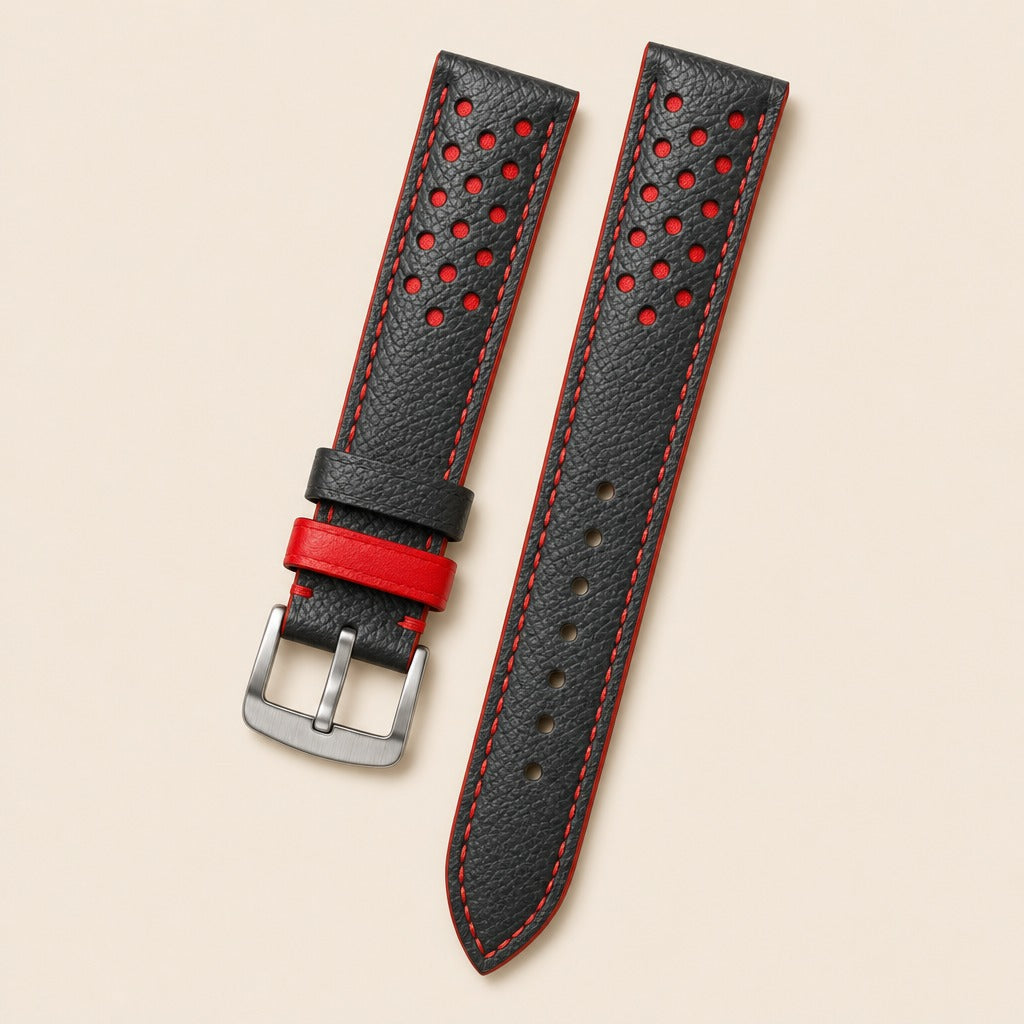 Racing Epsom Leather Watch Strap in Black Red & Red · Rally · Handmade in Saigon