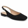 Single women's black suede-look square toe slingback flat on a white background