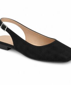 Single women's black suede-look square toe slingback flat on a white background