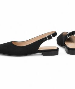 Pair of women's black suede-look square toe slingback flats standing, side profile and back heel view